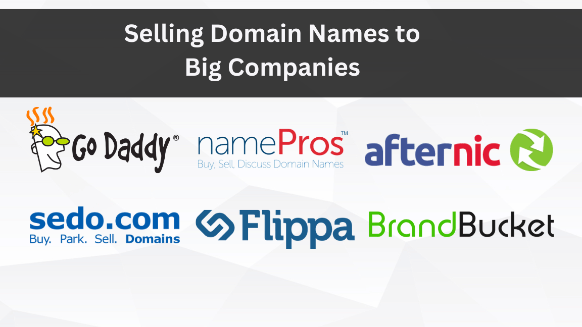 Collage of logos from top domain selling platforms like GoDaddy, Namecheap, and Flippa.