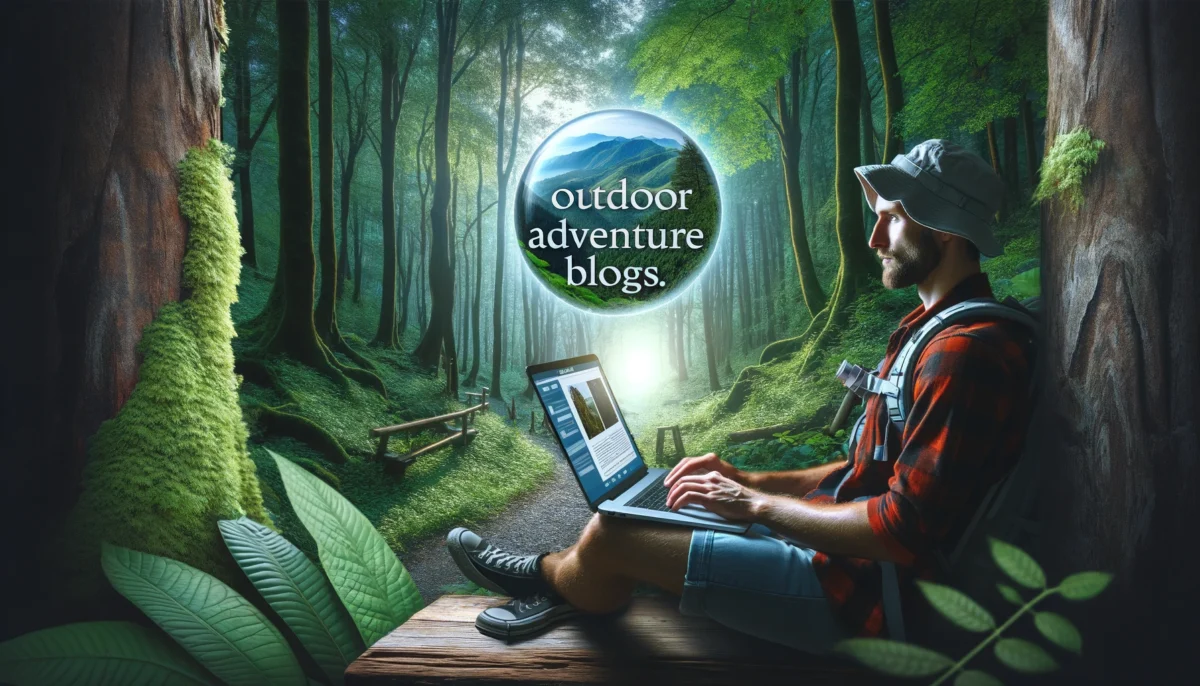 A person researching outdoor adventure guest post opportunities on a laptop in a forest, symbolizing the merge of outdoor passion and digital strategy.