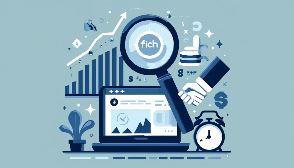 illustration of Fiverr gig optimization, featuring a magnifying glass on keywords, growth chart, quick response clock, and client engagement handshake in a professional blue and gray color palette.